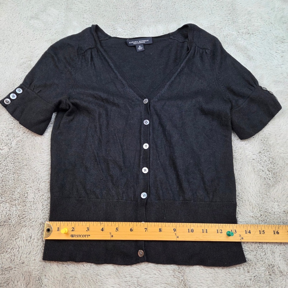 Banana Republic Silk Cashmere Cardigan Women Sz M Puff Sleeve V-Neck Black Top